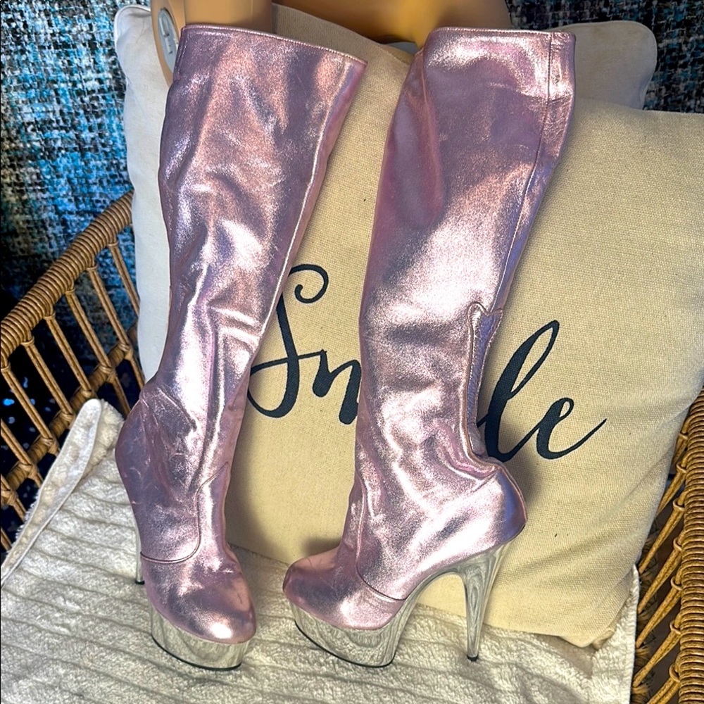 Pink Metallic Calf-High Women's Boots